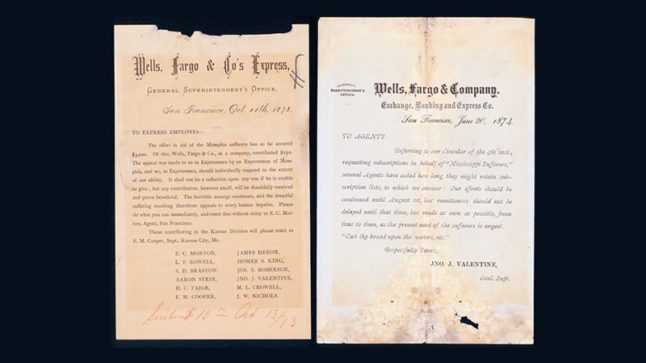 Two documents both titled Wells, Fargo & Co.’s Express and addressed to employees and agents seeking donations to help with relief efforts.