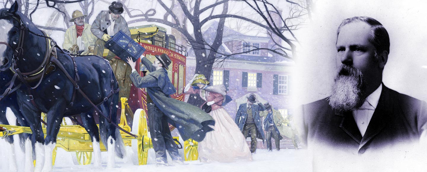 A snowy scene with a Wells Fargo stagecoach in front of a brick building. Passengers are walking toward the coach to enter, and a treasure box is being loaded by the driver. Studio photo portrait of seated Caucasian man with gray hair and long beard. He is wearing a dark suit and tie.