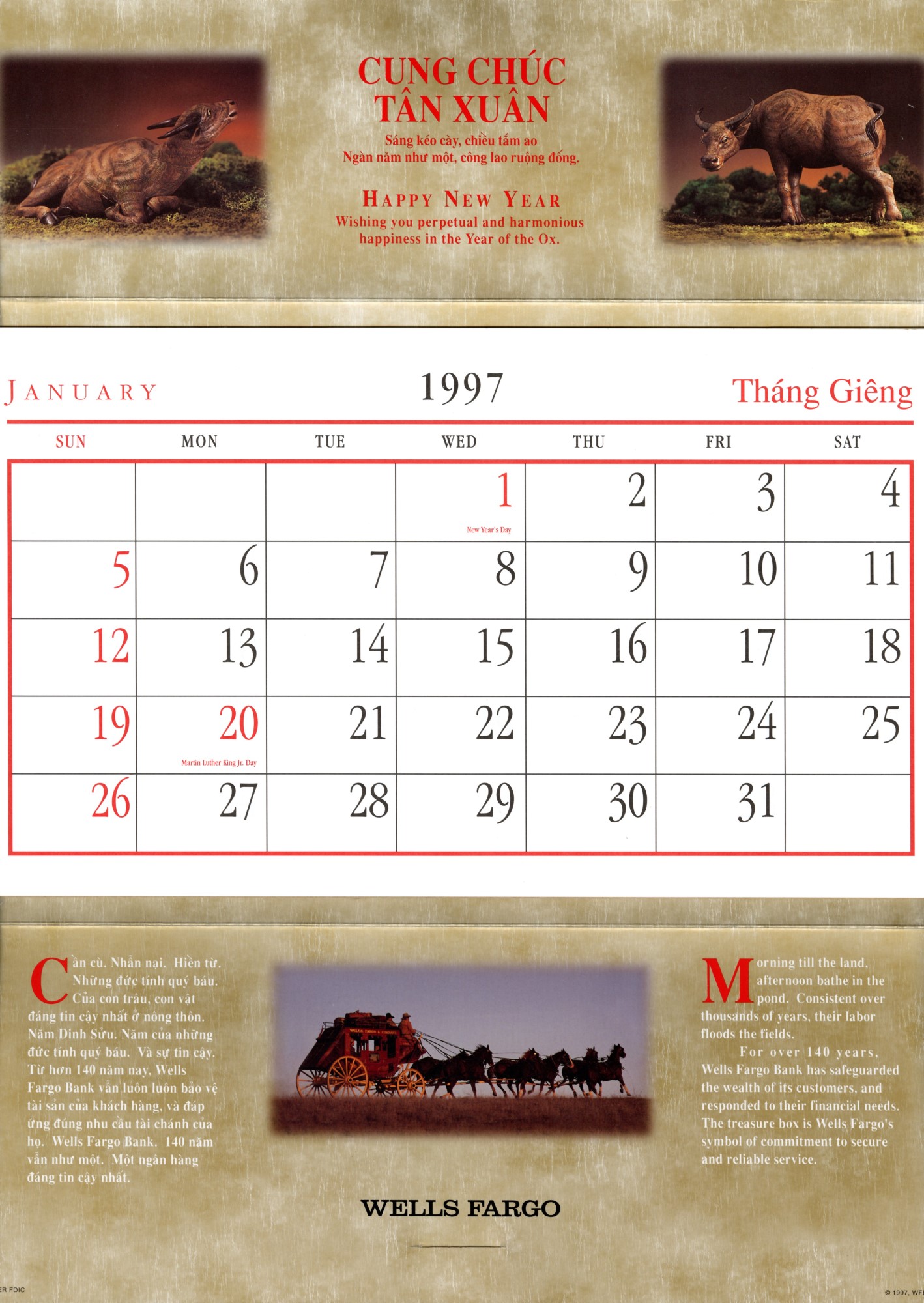 Calendar in Vietnamese: view of January 1997 page, with Wells Fargo stagecoach image on bottom.