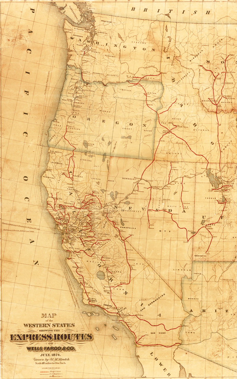A map of the states of the western United States including California, Arizona, Nevada, Utah, Oregon, Idaho Washington, and Montana. Red lines across the map indicate Wells Fargo’s stagecoach routes.