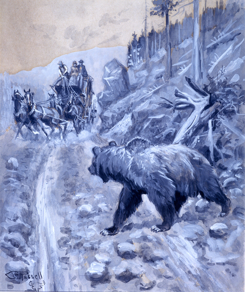 A large bear stands in an aggressive stance as a stagecoach driven by a woman comes around a bend in the trail. To the right there is a vertical landscape with cactus and trees.