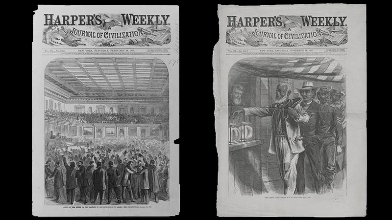 Two pages from Harpers Weekly magazine. The first is an illustration of all of Congress shaking hands with each other. The second is an illustration of African Americans in line to vote from 1867. The man at the front is placing his voting chip into the container for his preferred candidate.