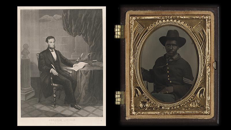 Two images, the first is an illustration of Abraham Lincoln seated at a desk signing papers. The second is a gold framed tintype of an unknown Civil War soldier who is African American.