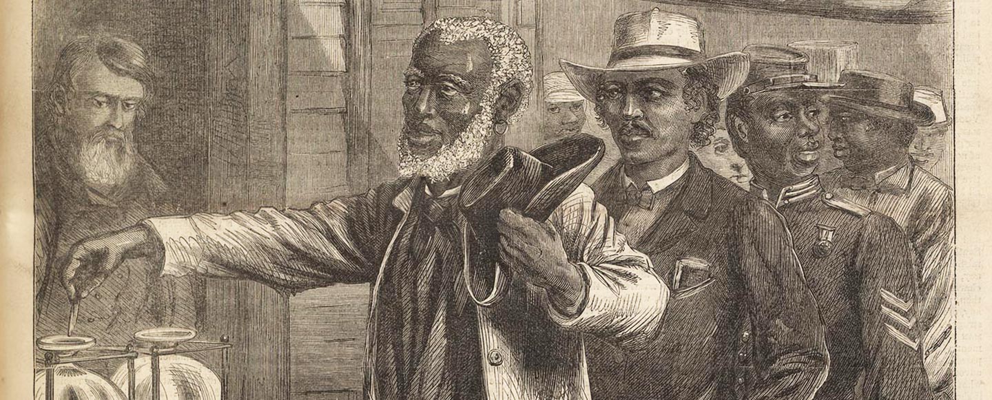 An illustration of African Americans in line to vote from 1867. The man at the front is placing his voting chip into the container for his preferred candidate.