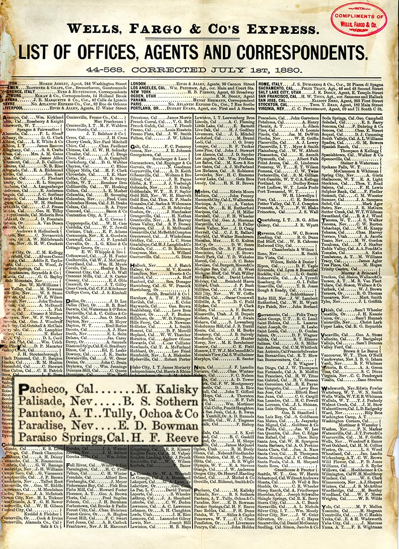 A yellowed newspaper with a title that reads: Wells, Fargo & Co.’s Express List of Offices, Agents and Correspondents.
