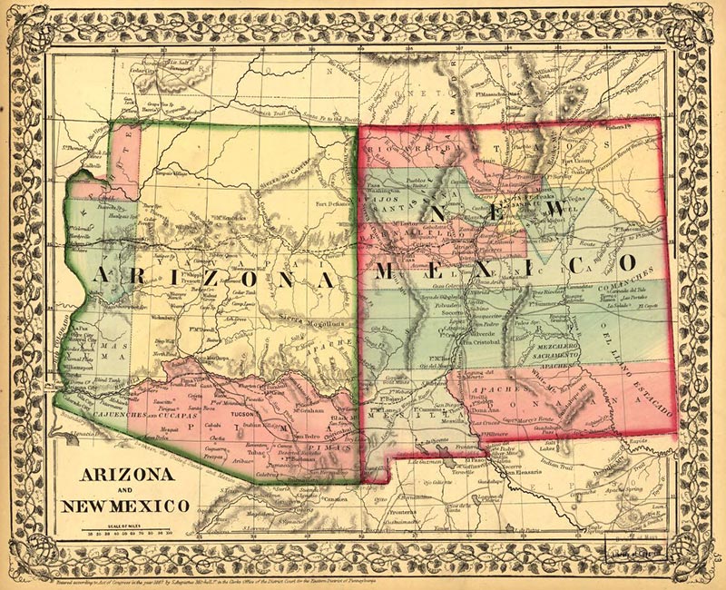 A map of Arizona and New Mexico. Arizona is outlined in blue, and New Mexico is outlined in red.