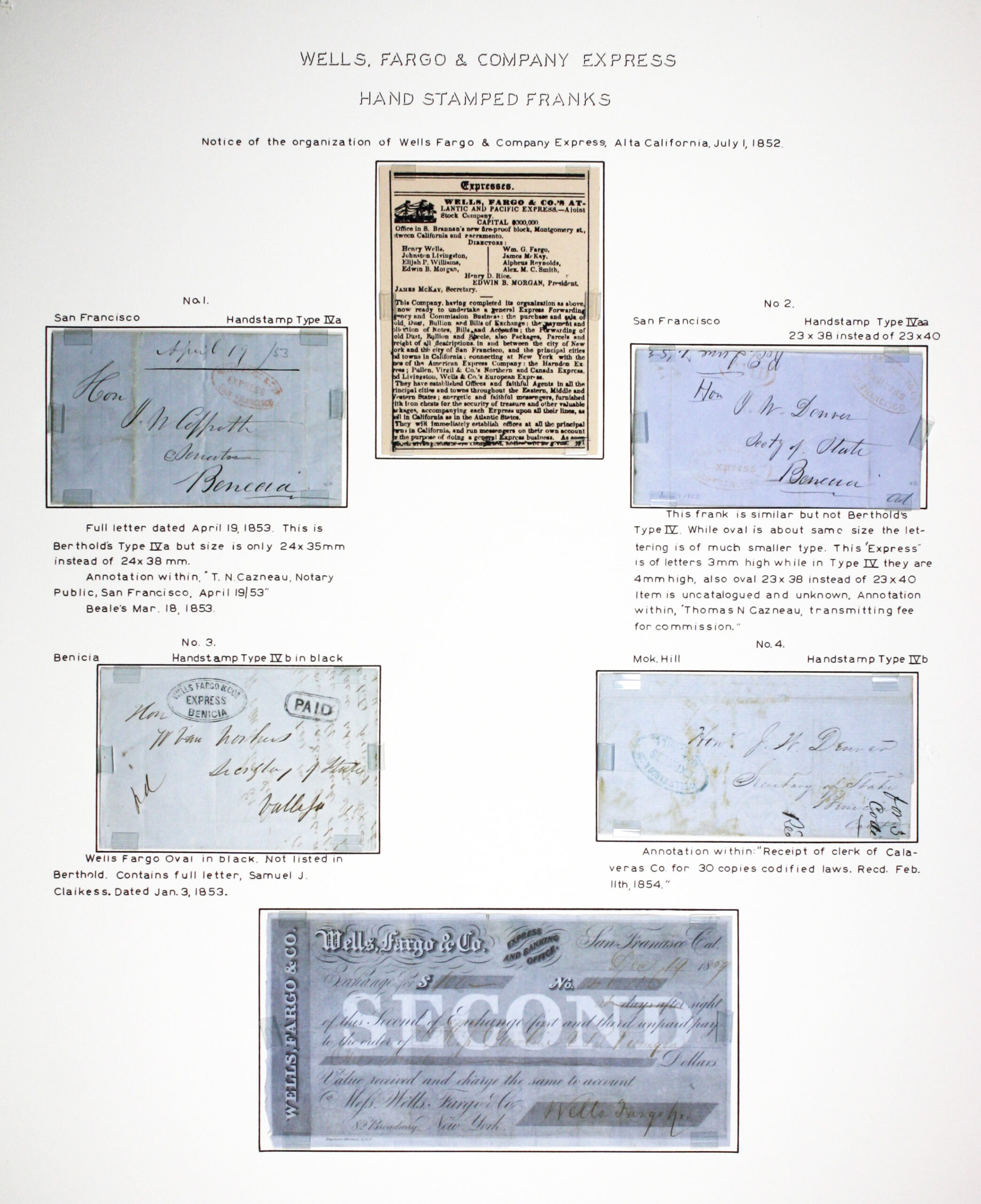 Historic exhibit Panel #1 featuring letter covers and a bill of exchange. Long descriptions are available as page content. Image link will enlarge image.