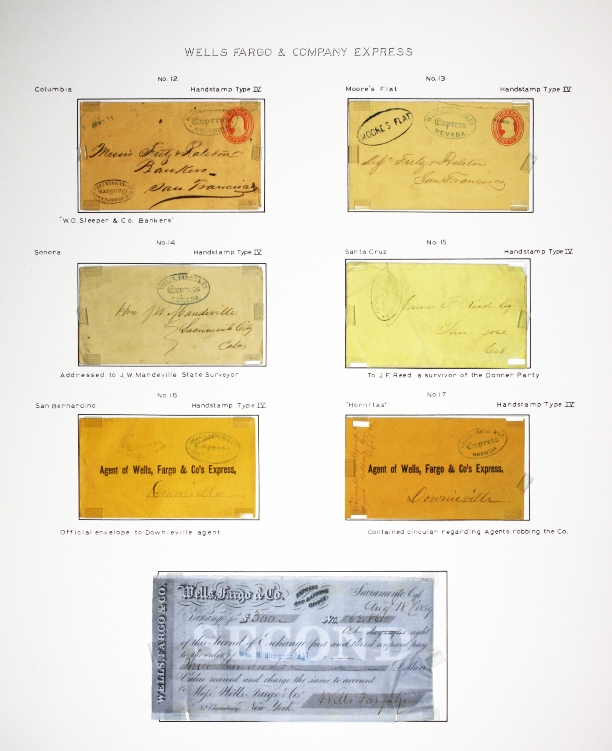 Historic exhibit Panel #3 featuring letter covers and a bill of exchange. Long descriptions are available as page content. Image link will enlarge image.