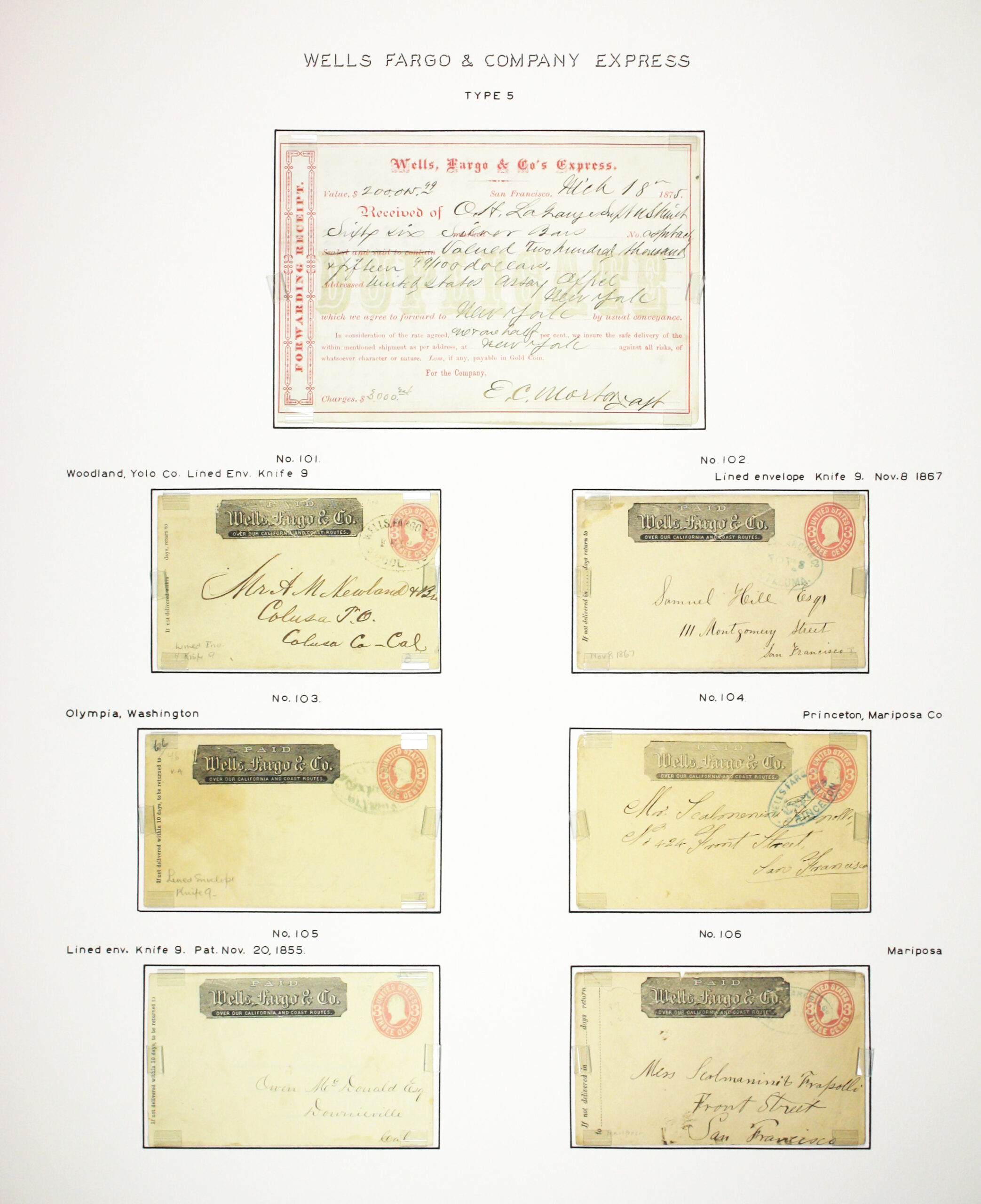 Historic exhibit Panel #18 featuring letter covers and a forwarding receipt. Long descriptions are available as page content. Image link will enlarge image.