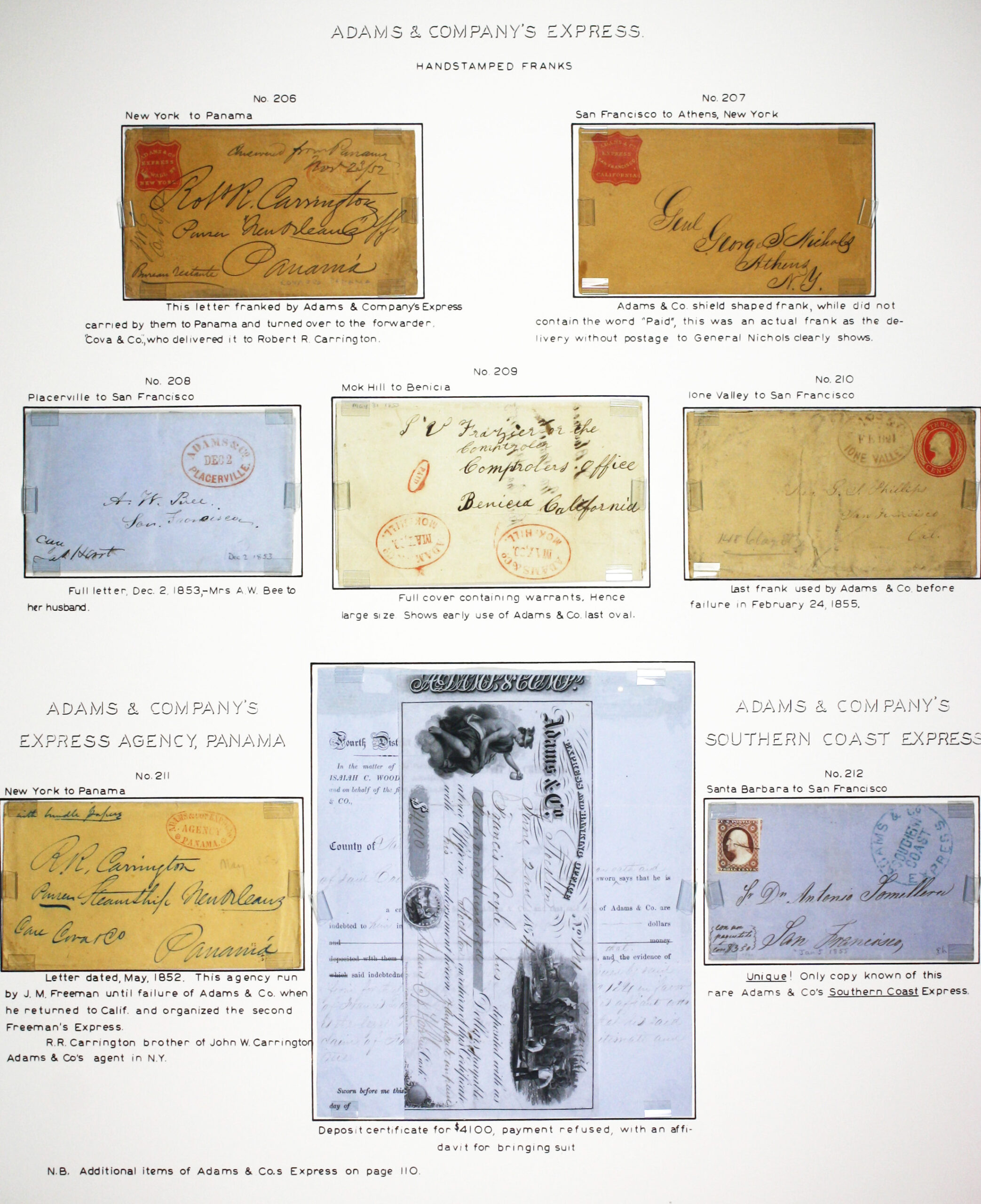 Historic exhibit Panel #37 featuring letter covers and a deposit certificate. Long descriptions are available as page content. Image link will enlarge image.