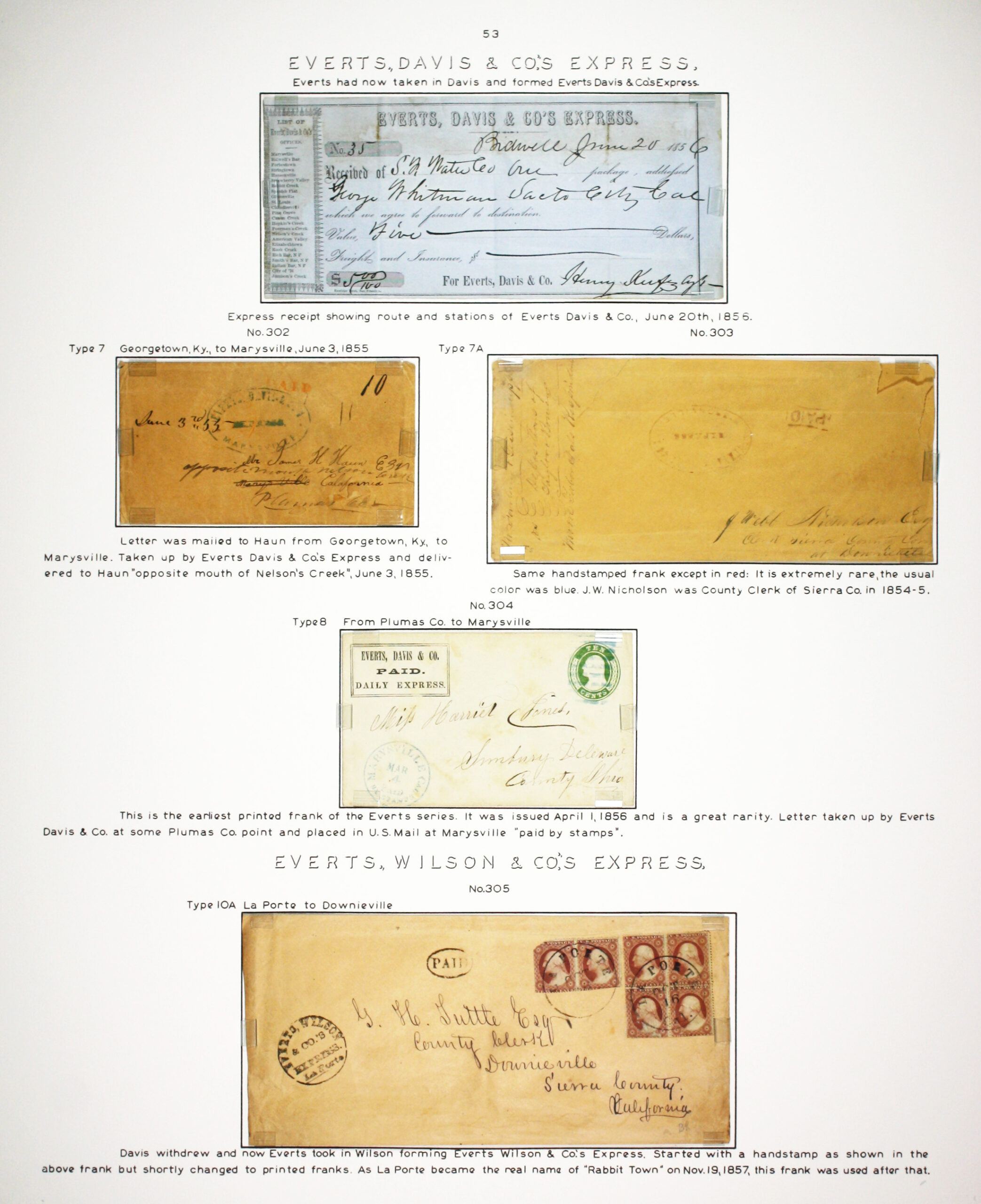 Historic exhibit Panel #53 featuring letter covers and an express receipt. Long descriptions are available as page content. Image link will enlarge image.