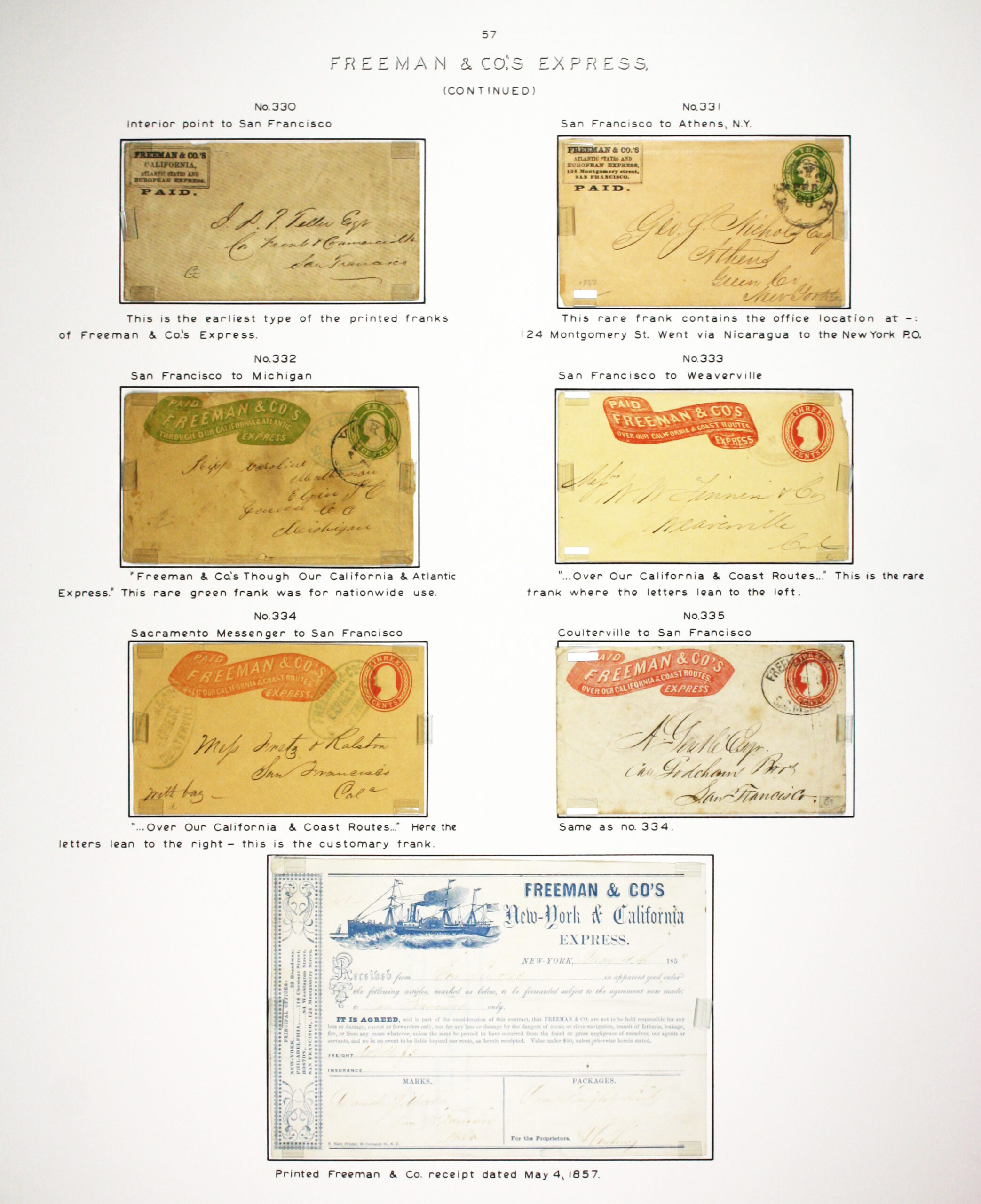 Historic exhibit Panel #57 featuring letter covers and a shipping receipt. Long descriptions are available as page content. Image link will enlarge image.