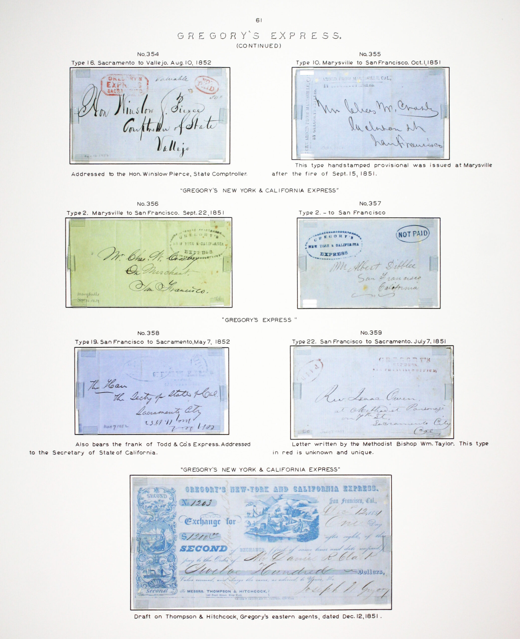 Historic exhibit Panel #61 featuring letter covers and a bill of exchange. Long descriptions are available as page content. Image link will enlarge image.