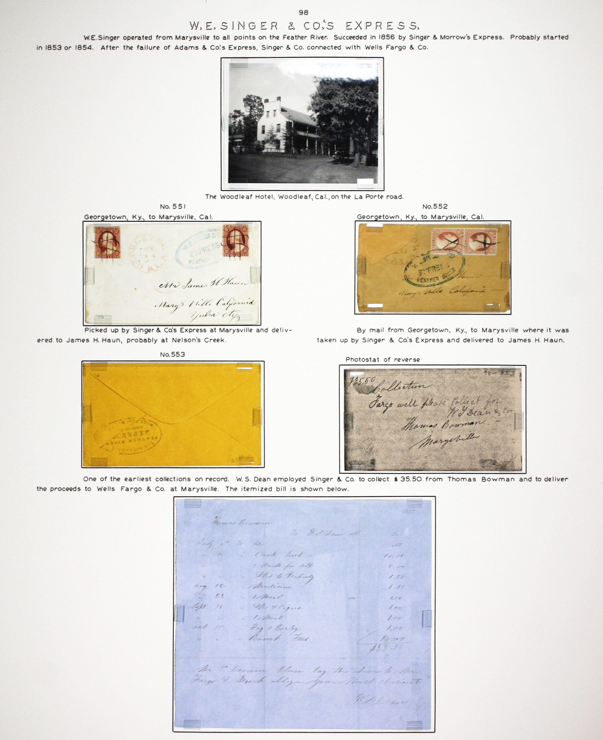 Historic exhibit Panel #98 featuring letter covers, an itemized bill and a photograph. Long descriptions are available as page content. Image link will enlarge image.