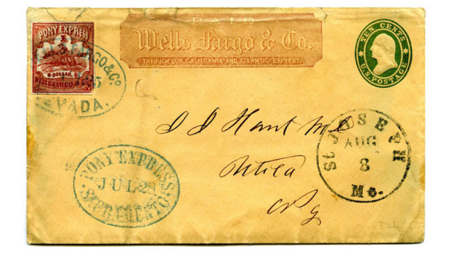 A historic letter cover addressed to J.J. Hunt featuring many stamps including the bright red Pony Express stamp.