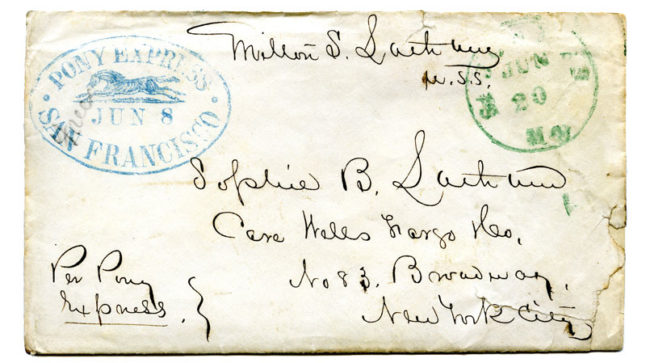 A historic letter cover addressed to Sophie B. Latham featuring a blue Pony Express stamp in upper left corner.