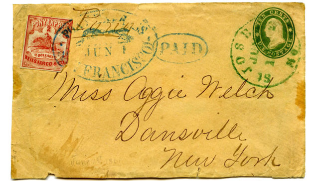 A historic letter cover addressed to Miss Aggie Welch featuring many stamps including the bright red Pony Express stamp.