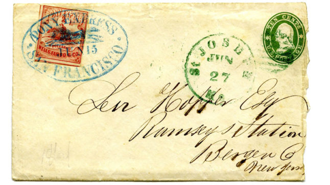 A historic letter cover addressed to Levi Hopper featuring many stamps including the bright red Pony Express stamp.