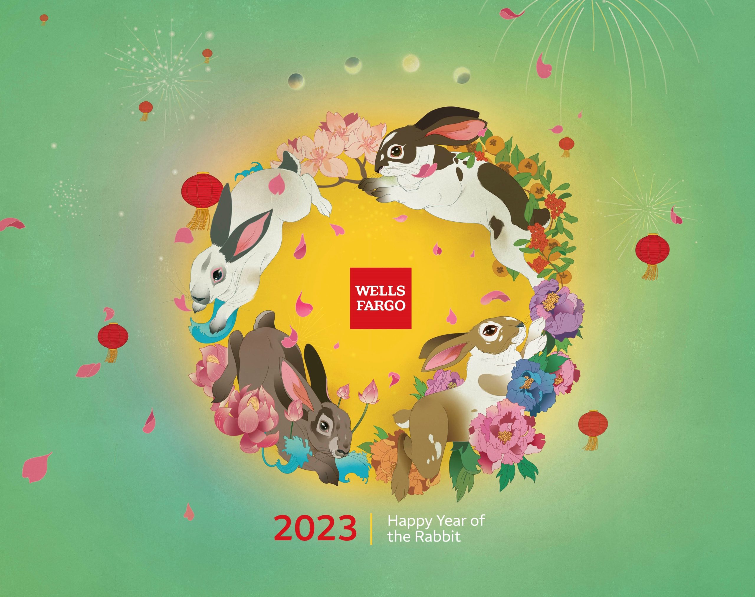 Calendar cover with illustration of Wells Fargo logo surrounded by rabbits.