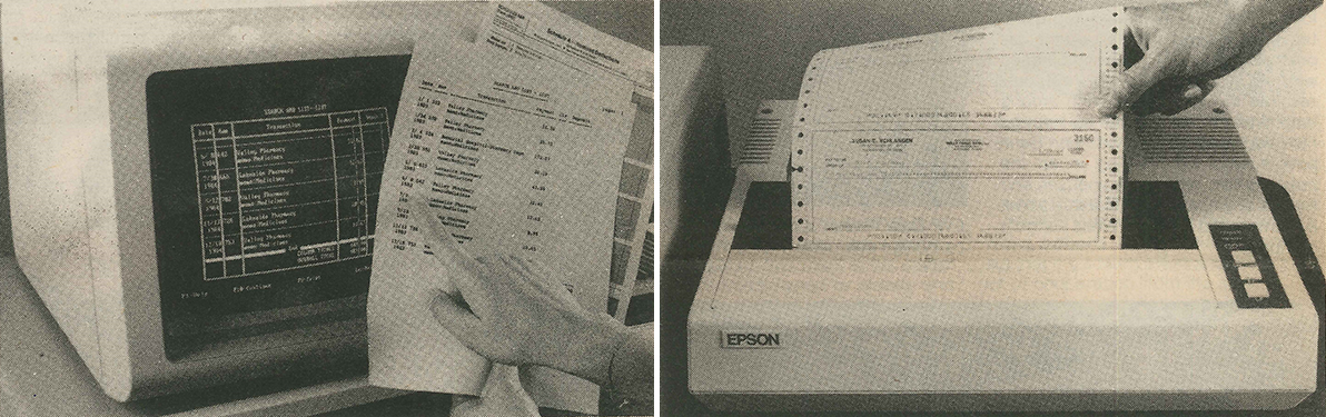 On the left, a hand holds a computer print out next to a computer monitor which is showing the same information. On the right, a hand holds up a check printing off an Epson computer printer using paper with printer margins.