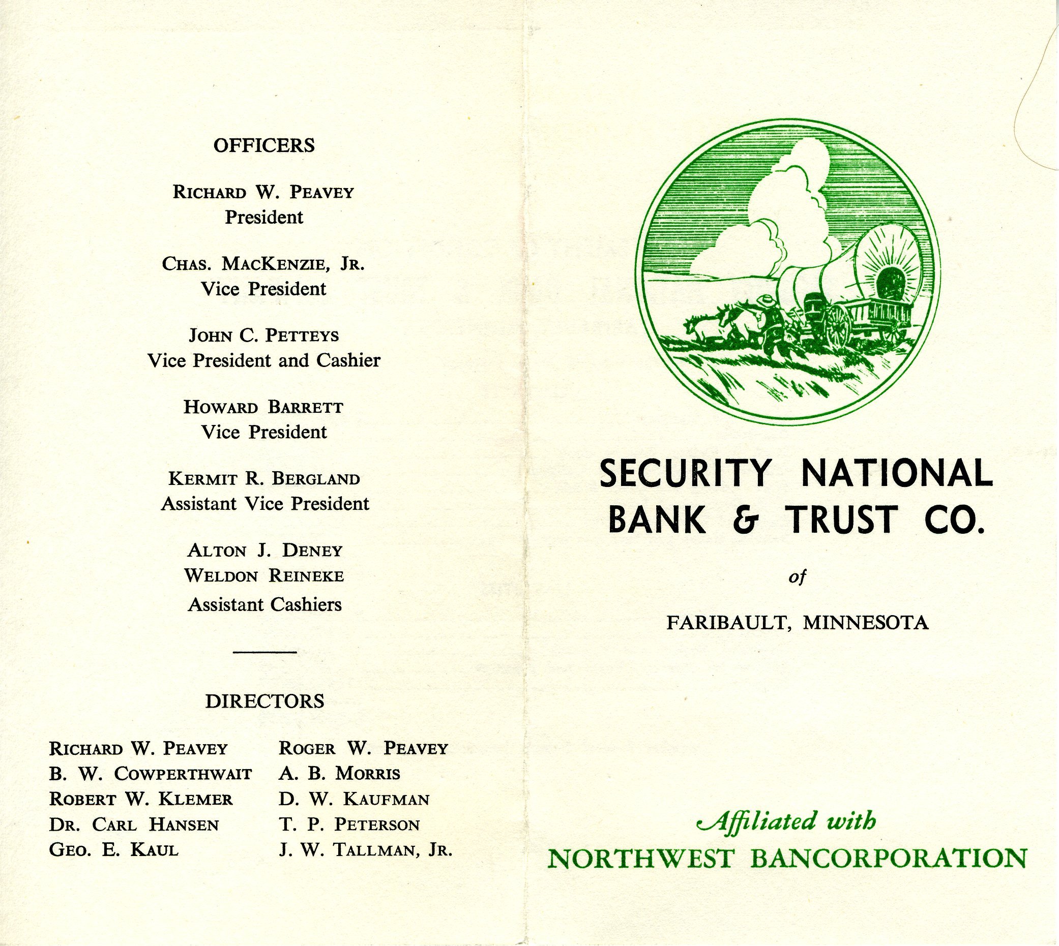 A bank brochure opened to two sides. The right-side reads: Security National Bank & Trust Co. of Faribault, Minnesota Affiliated with Northwest BANCORPORATION. Left side reads the name of the officers.