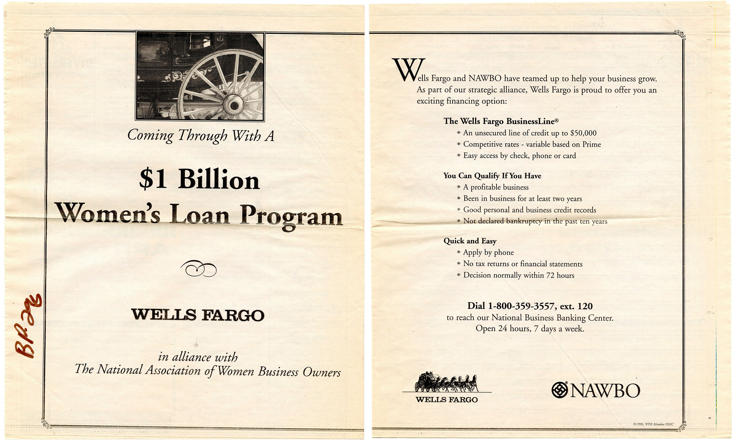 An advertisement for the Women’s Loan Program. There is a black and white photo of a stagecoach wheel at top and below reads: $1 Billion Women’s Loan Program. Wells Fargo. In Alliance with the National Association of Women Business Owners. Image link will enlarge image.