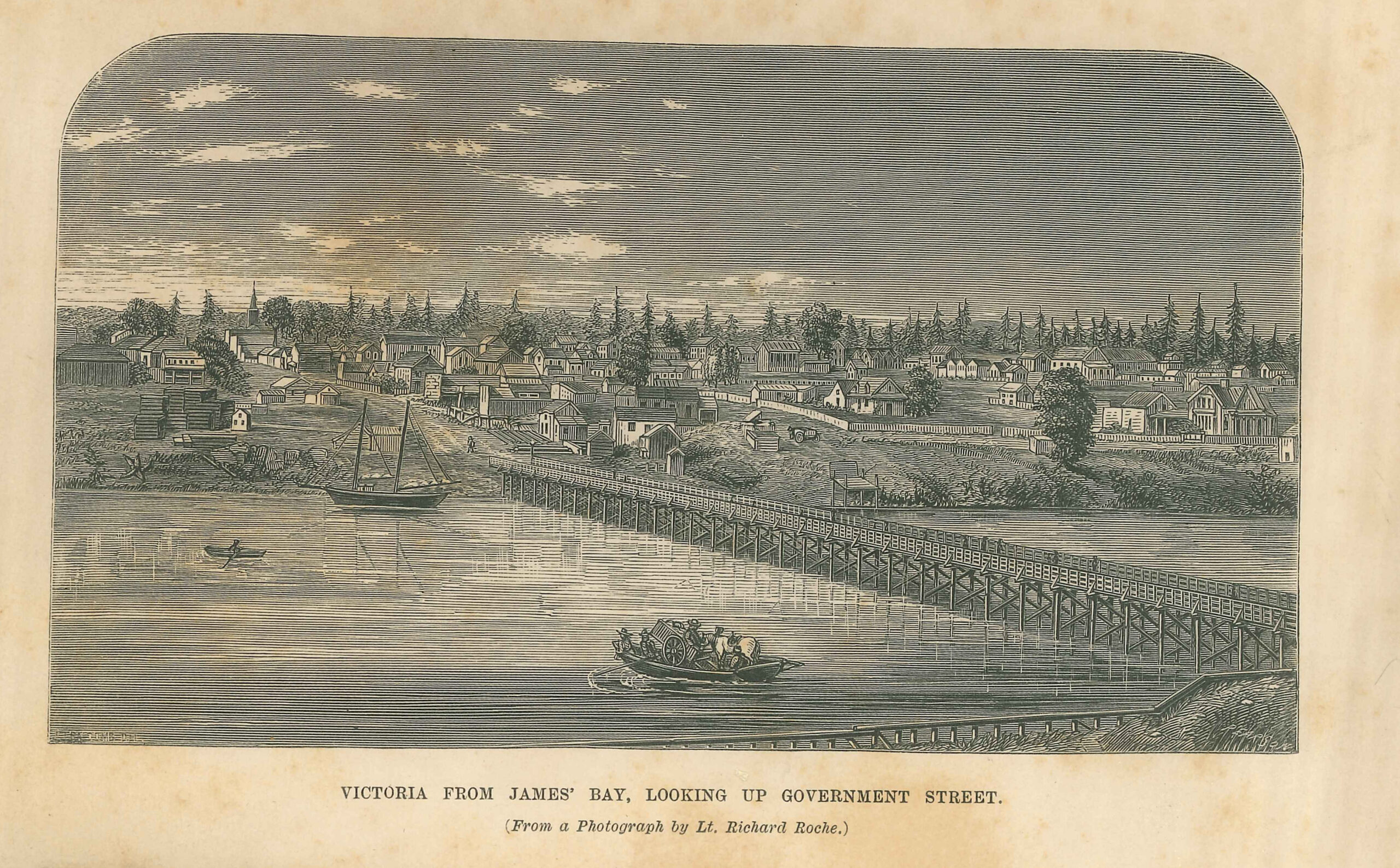 An illustration shows a bay with three boats on it and a bridge across it. On the shore are many houses and trees behind them.