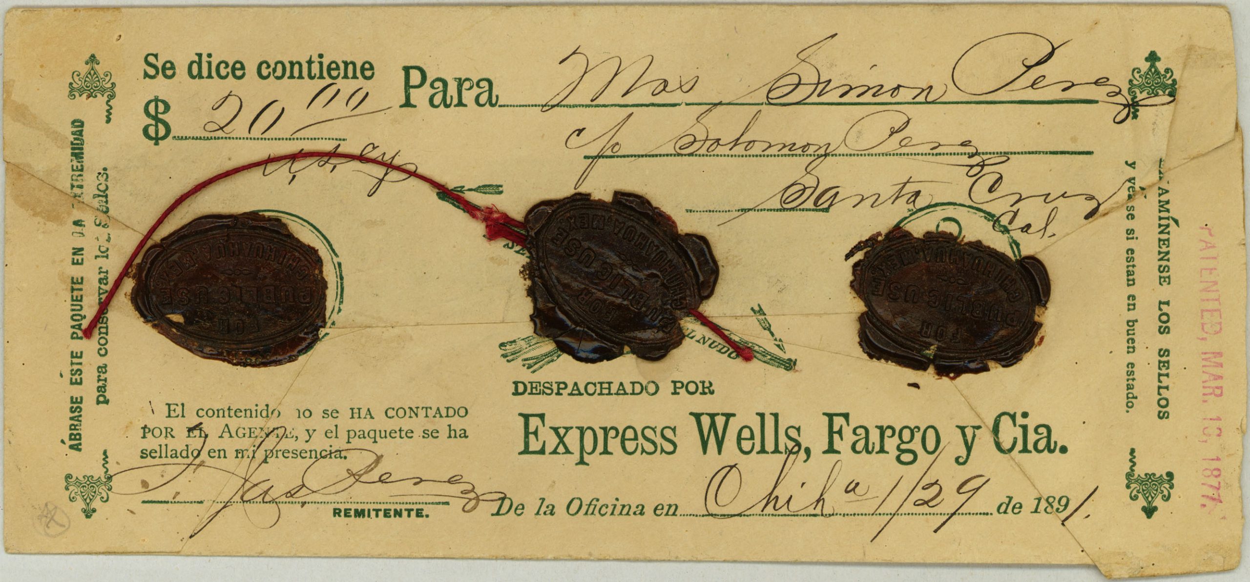 An aged envelope has worn writing with the amount of $20. It also shows Express Wells Fargo y Cia.
