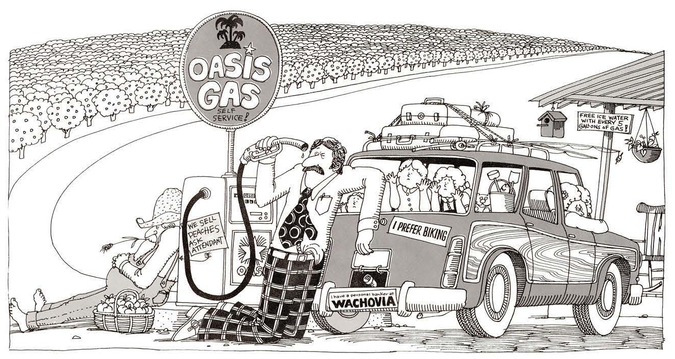 Black and white cartoon of a man peering into an empty gas pump nozzle at a station while his family waits in a packed station wagon.