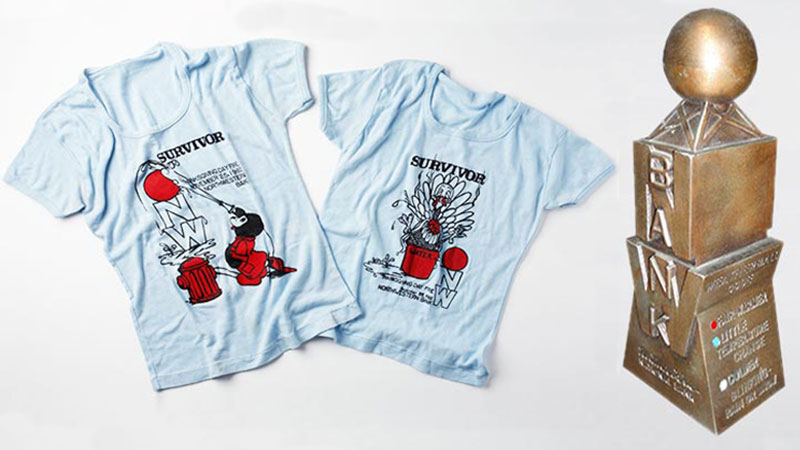Two light blue t-shirts with black lettering that read: Survivor.
