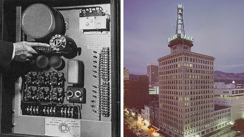 On the left, a finger points at control elements on a machine panel. Image in black and white. On the right, a tall square building in an urban setting with a large weather beacon on the roof.