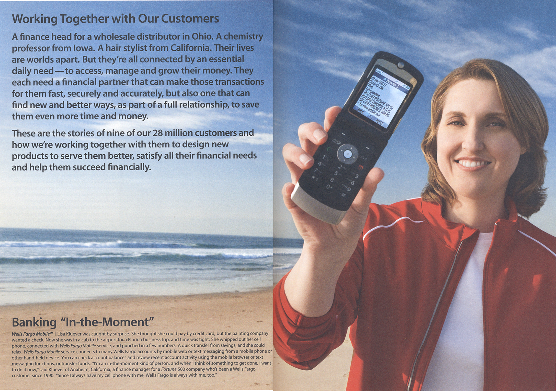 An advertisement featuring a wide shot of an ocean and beach. On the far right a woman in a red jacket holds up a flip phone. On the phone screen is a bank transaction record. Ad titled: Working together with our customers. Banking “In the moment”.