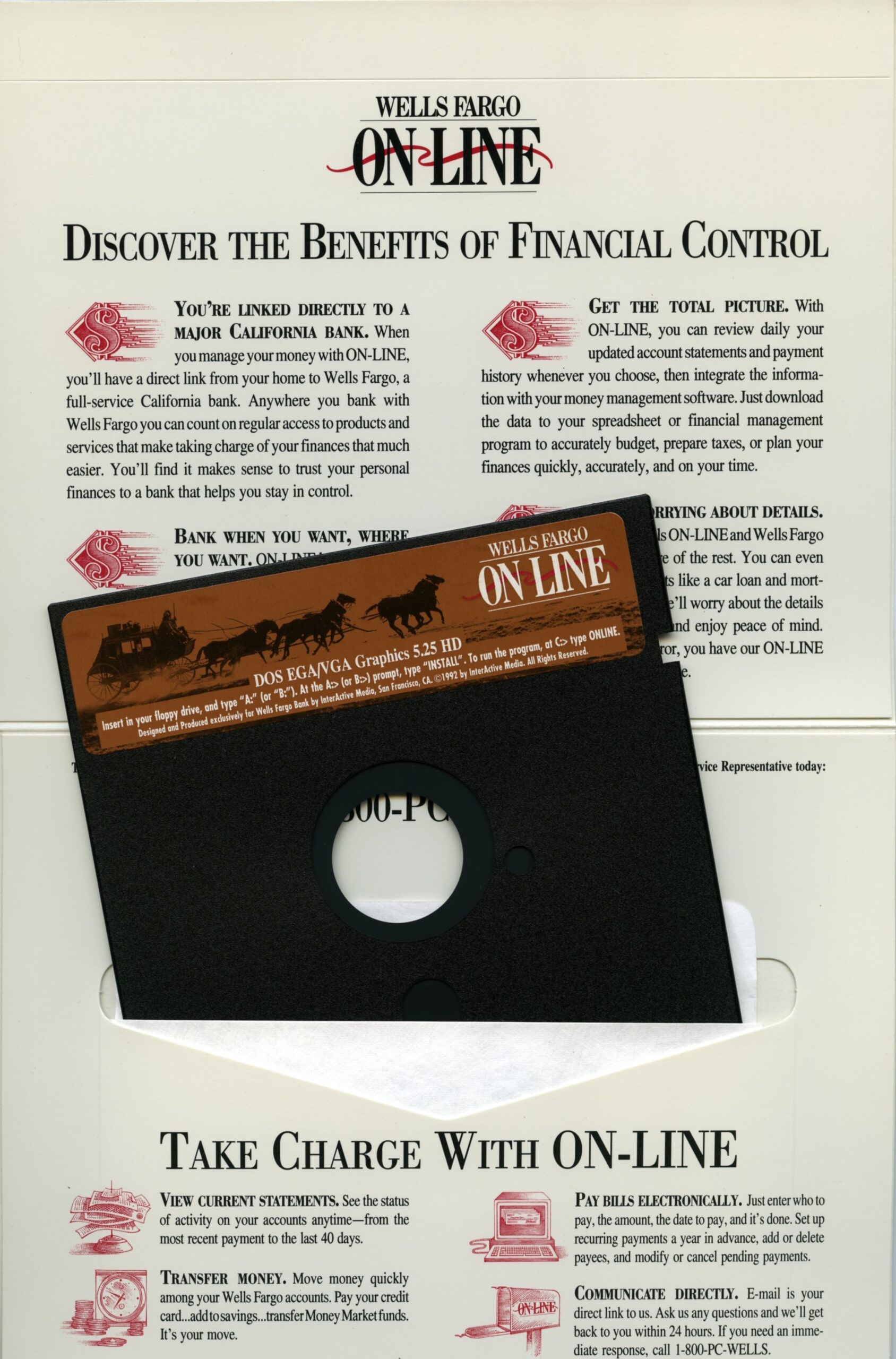 A cover for a floppy disk promotion, lying open with the floppy disk removed form its sleeve. It reads: Discover the benefits of financial control, take charge with on-line