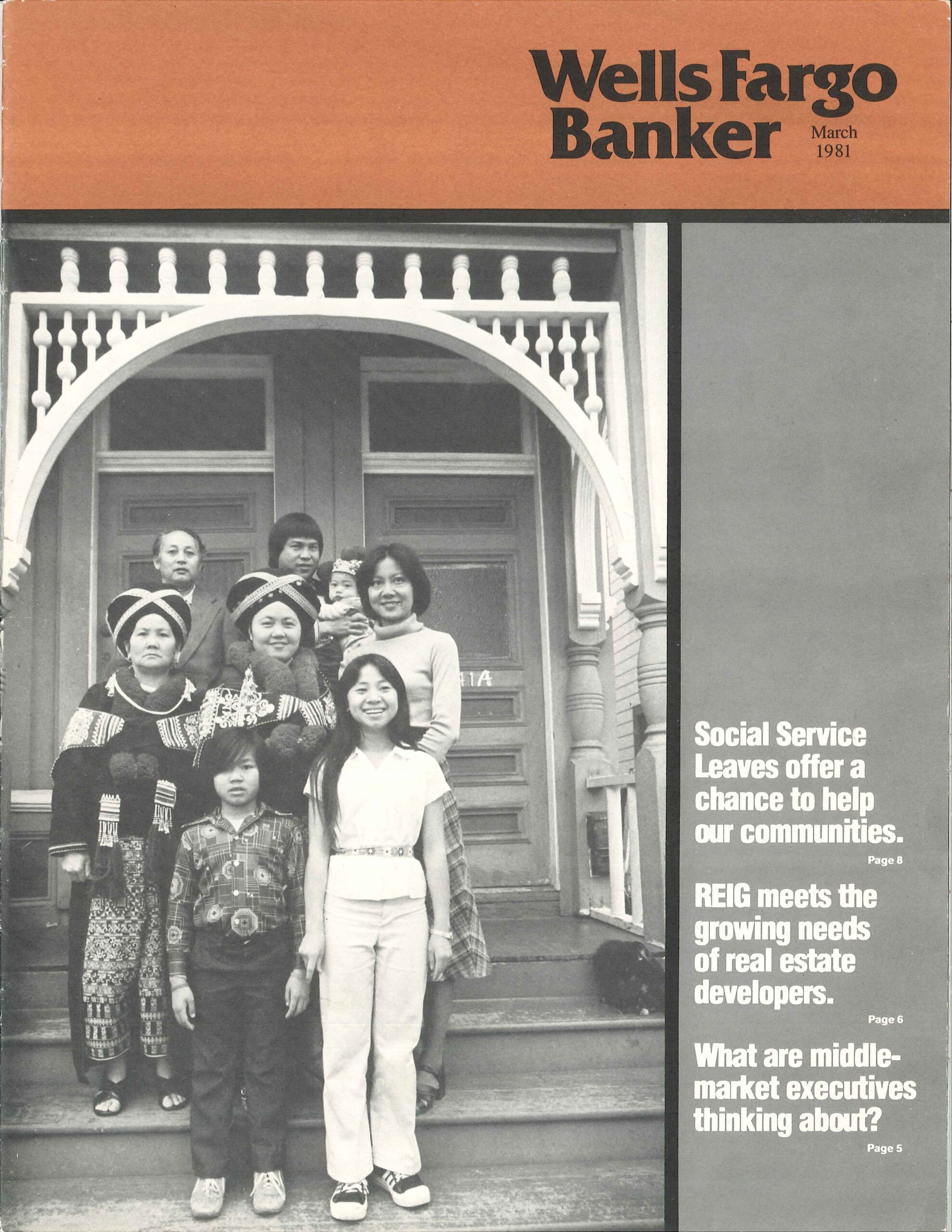 A brochure cover in black and white with large orange section at the top titled: Wells Fargo Banker. Below is a family standing on stairs before an arched doorway.