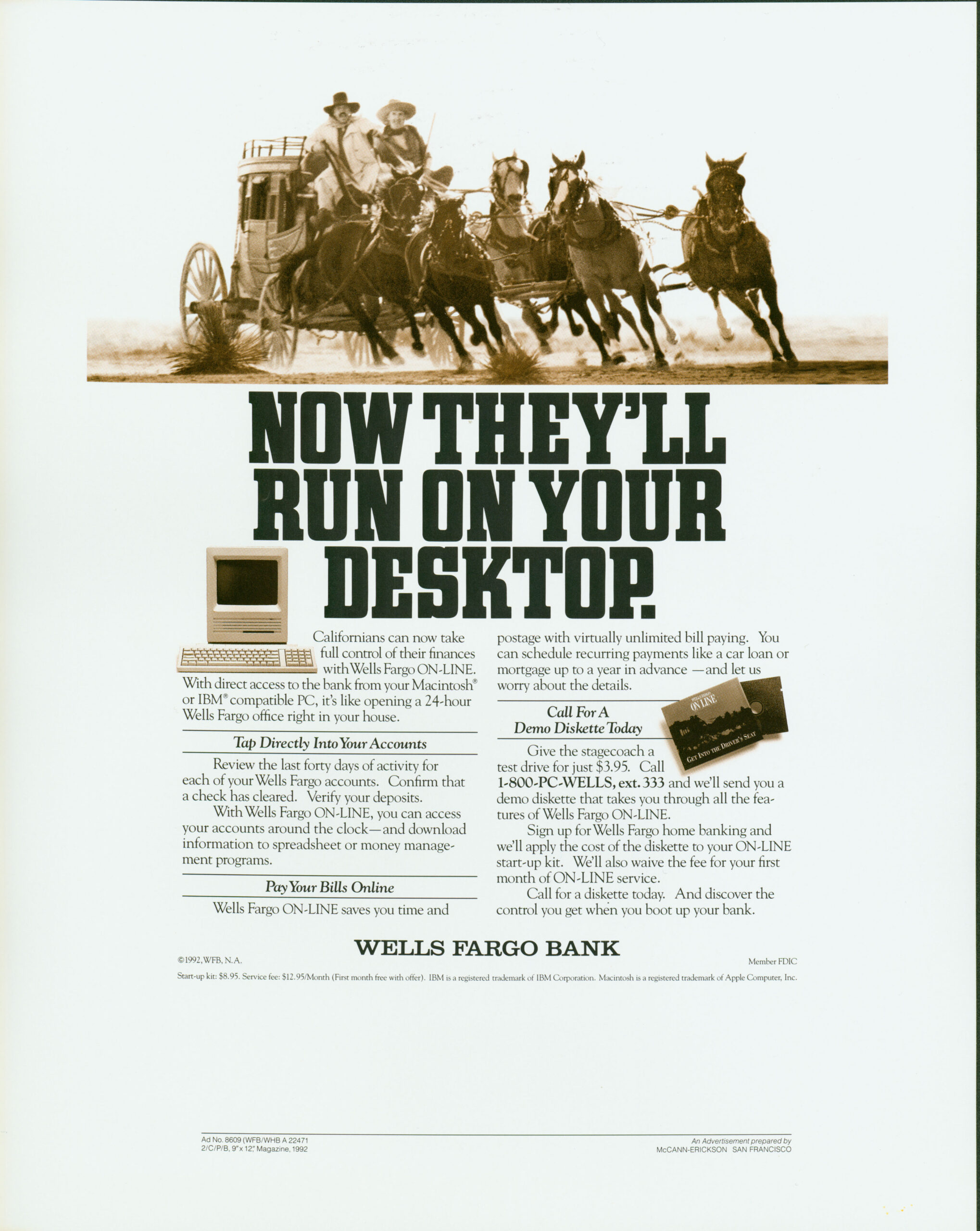 An advertisement featuring a stagecoach and horses at the top of the page. Below it says: Now they’ll run on your desktop.