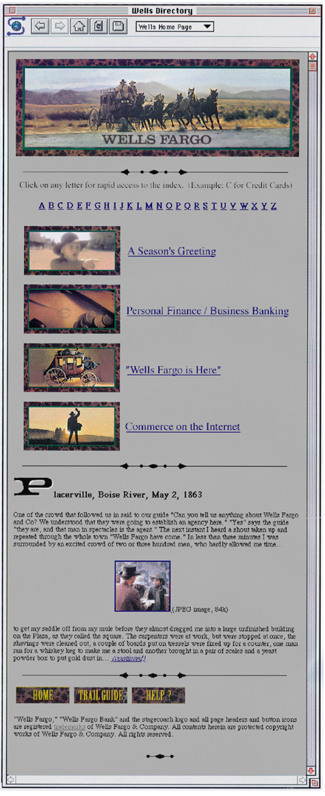 A screen shot of the first Wells Fargo website. On the top is a large image of a stagecoach, followed by an alphabetical filter and below are four thumbnails with western images.