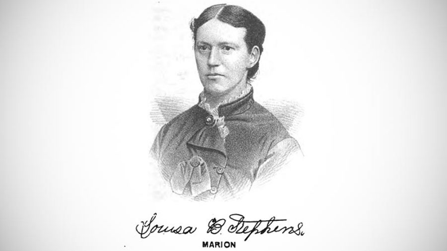 Black and white illustration of a portrait of a woman. Her signature is under the portrait: Louisa B. Stephens, Marion.