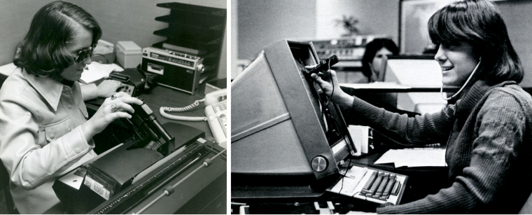 A woman sitting at a desk using a specially designed typewriter to assist people with sight impairment. Image link will enlarge image. A sight impaired woman holds a device to a large, box computer monitor. Image link will enlarge image.