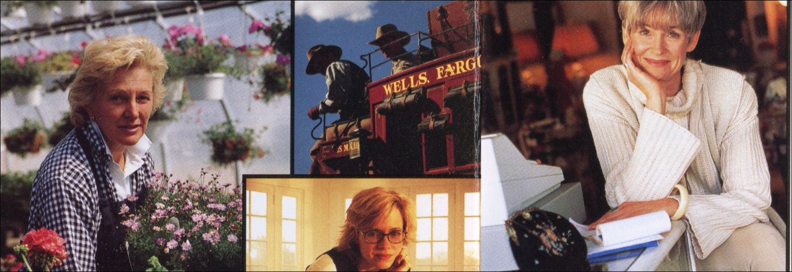 Photos from a 1998 Wells Fargo ad showing women business owners and the Wells Fargo stagecoach.