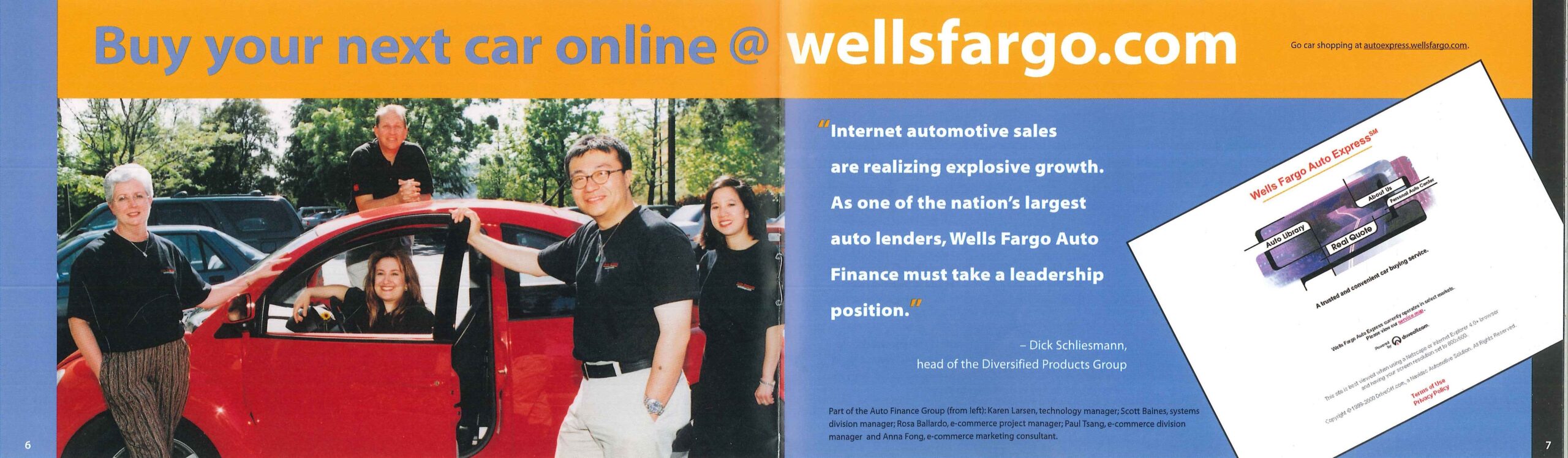 An advertisement with an image of five people in black shirts standing around a red car. An orange banner at the top reads: Buy your next car online @ wellsfargo.com.