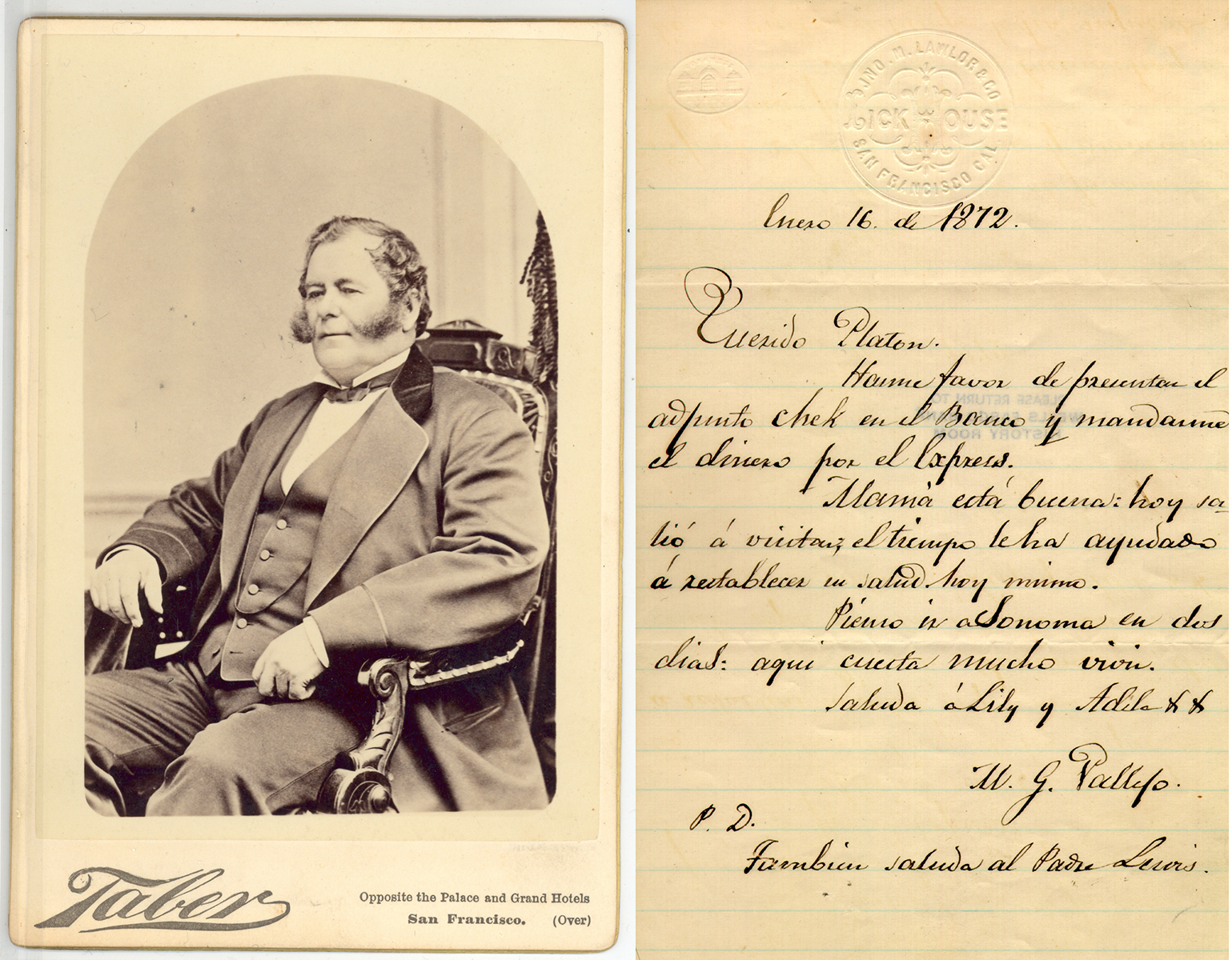 Black-and-white image of Gen. Mariano Vallejo wearing a suit and sitting in a chair. It is next to a handwritten letter in Spanish from 1872. Image link will enlarge image.
